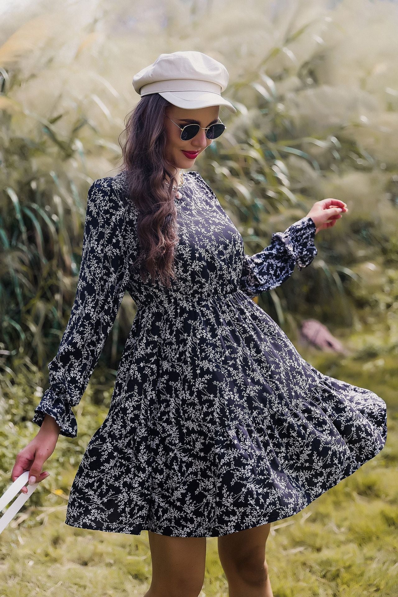 Long Sleeve Floral High Waist Dress in - by Malbusaat