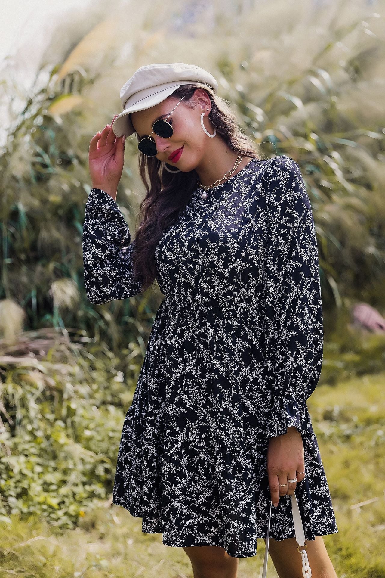 Long Sleeve Floral High Waist Dress in - by Malbusaat