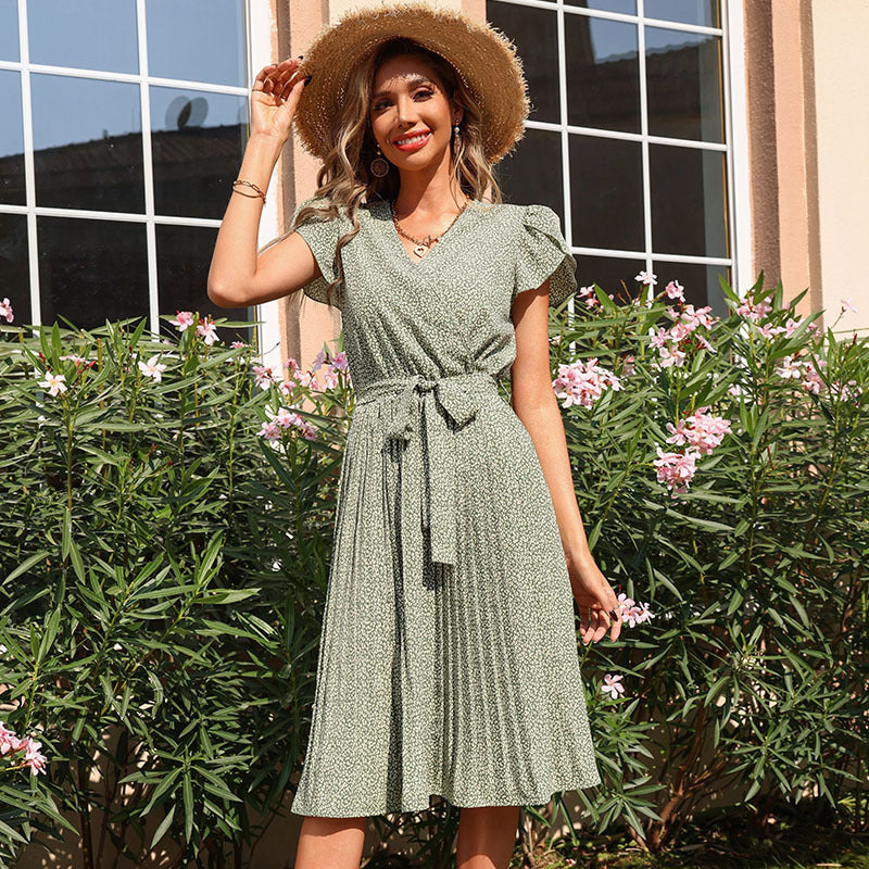 Pleated V-neck Dress Boho Dress in - by Malbusaat