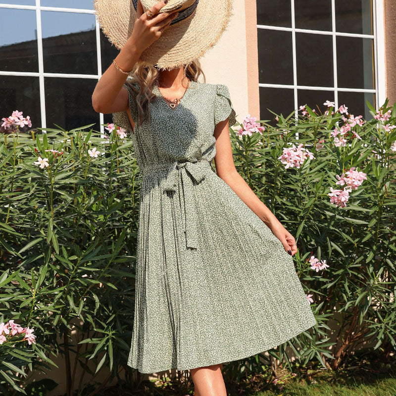 Pleated V-neck Dress Boho Dress in - by Malbusaat