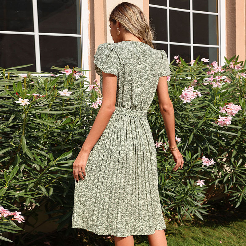 Pleated V-neck Dress Boho Dress in - by Malbusaat