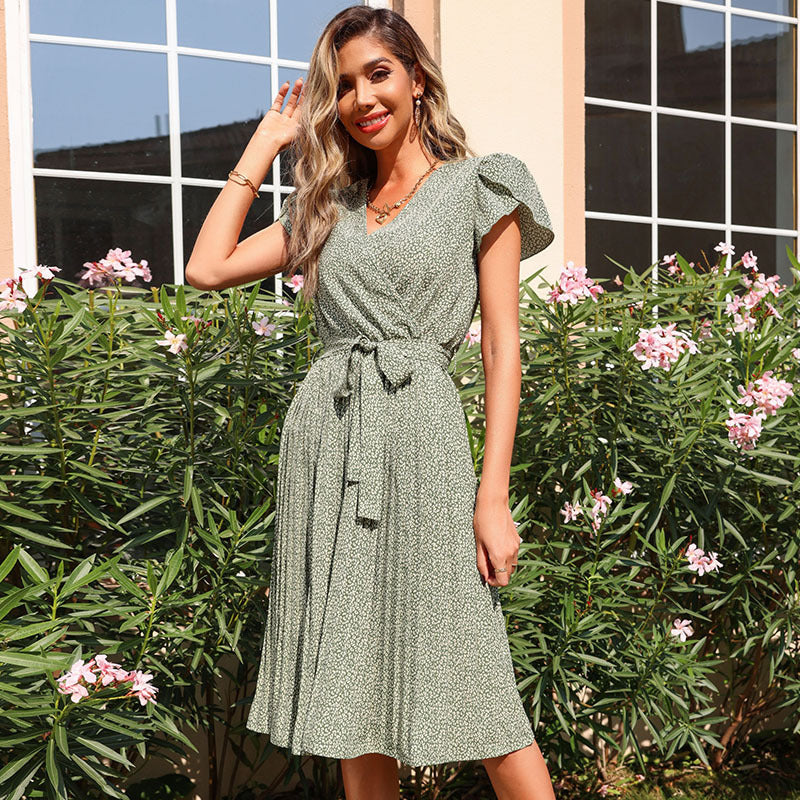 Pleated V-neck Dress Boho Dress in Green - by Malbusaat