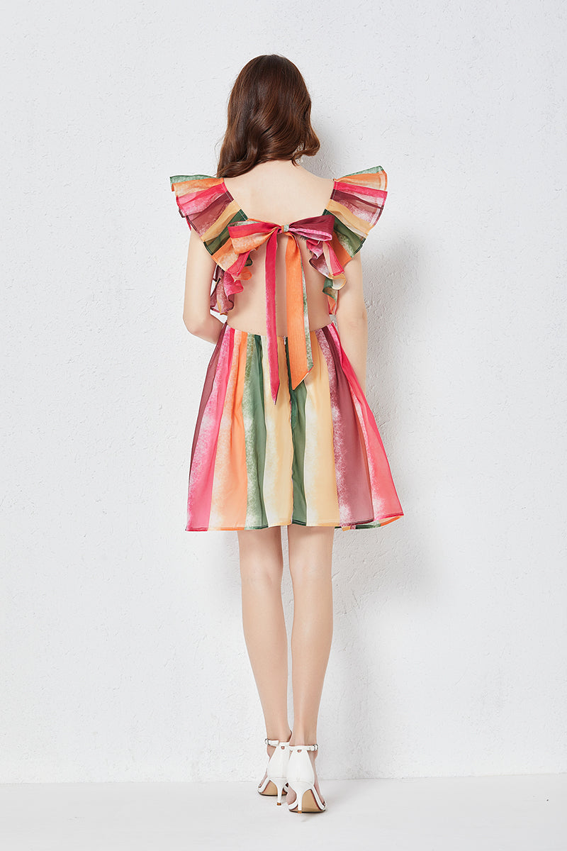 Rainbow Striped Square Neck Yarn Dress in - by Malbusaat