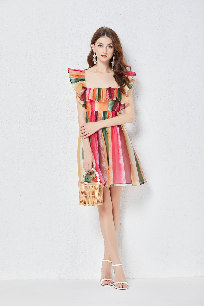 Rainbow Striped Square Neck Yarn Dress in - by Malbusaat