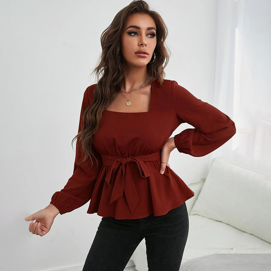 Ruffled Long Sleeve Solid Short Top in - by Malbusaat
