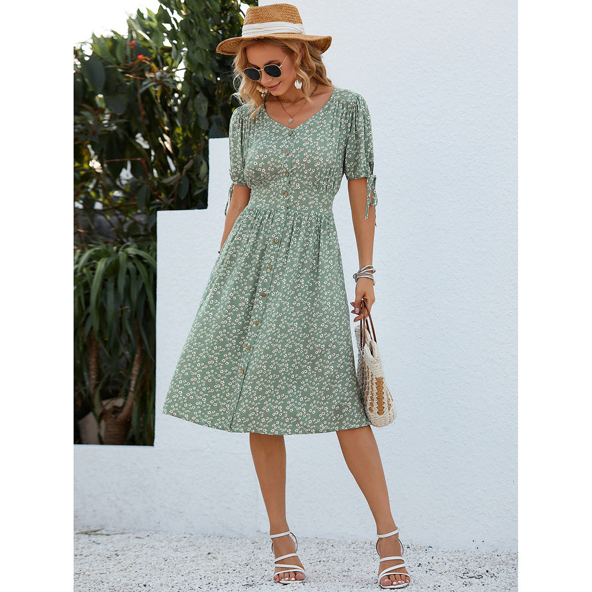 Single-Breasted Floral Short Sleeve V-neck Dress in - by Malbusaat