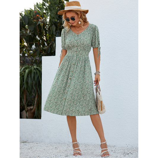 Single-Breasted Floral Short Sleeve V-neck Dress in - by Malbusaat