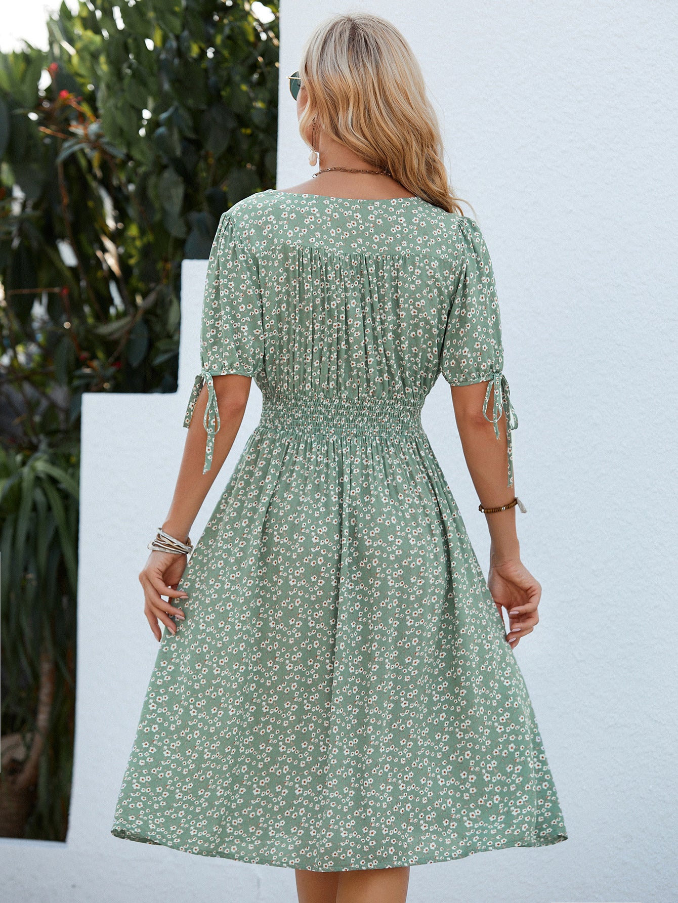 Single-Breasted Floral Short Sleeve V-neck Dress in - by Malbusaat