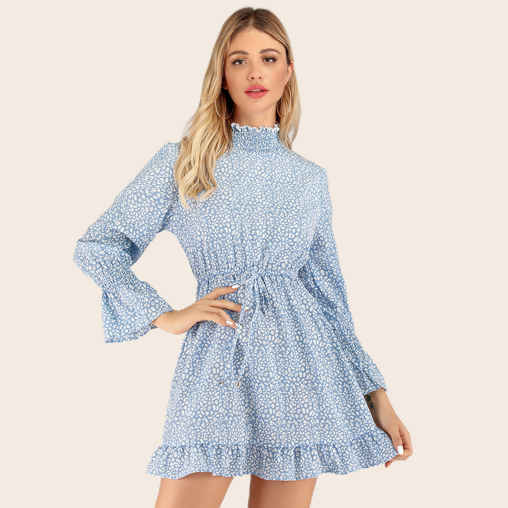 Slim-Fit Turtleneck Lace-up Ruffled Dress in - by Malbusaat