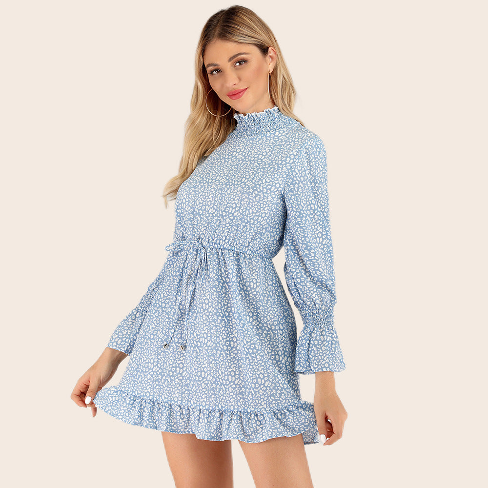 Slim-Fit Turtleneck Lace-up Ruffled Dress in - by Malbusaat