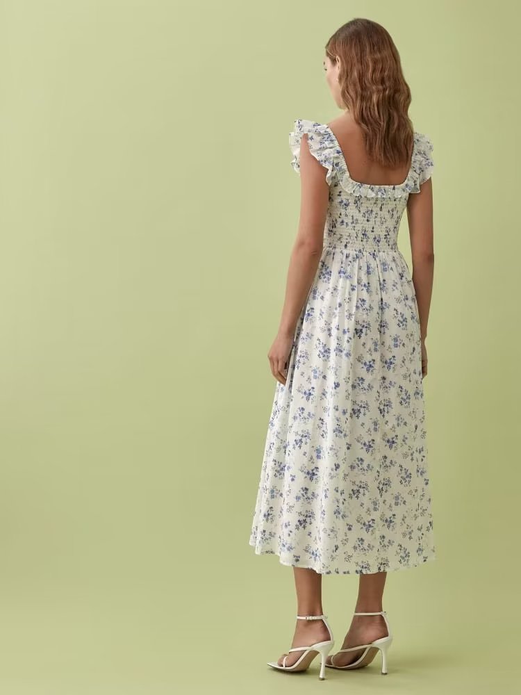 Square Collar Pleated Print Dress in - by Malbusaat