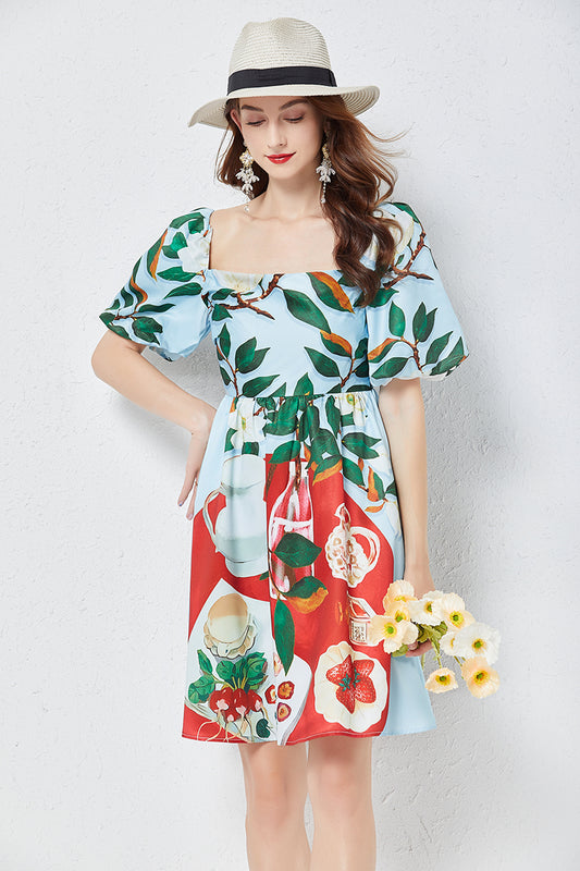 Square Neck Puff Sleeve Floral Dress in - by Malbusaat