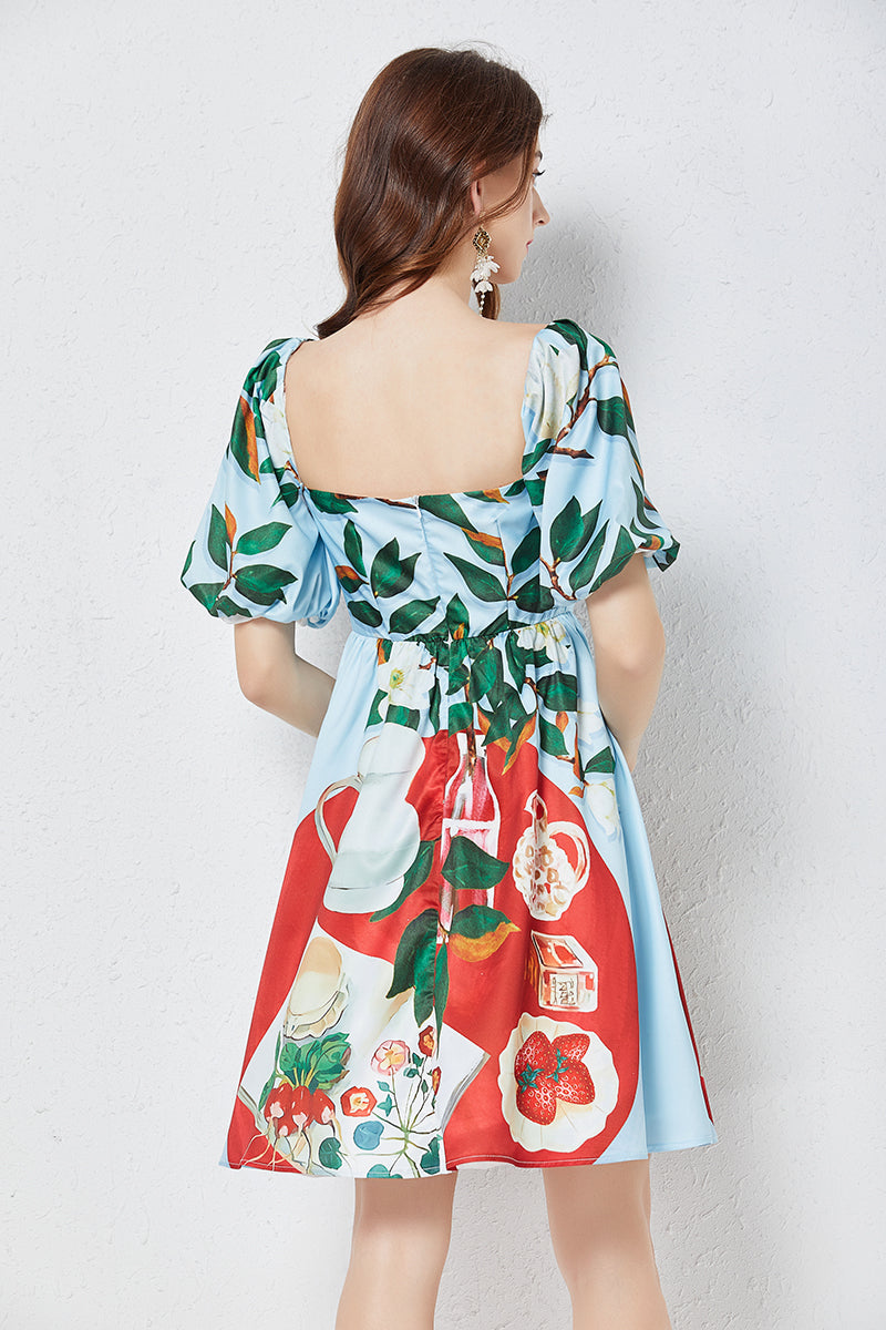 Square Neck Puff Sleeve Floral Dress in - by Malbusaat