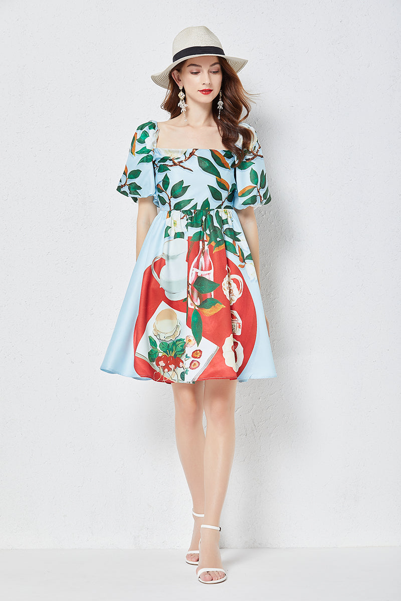 Square Neck Puff Sleeve Floral Dress in - by Malbusaat