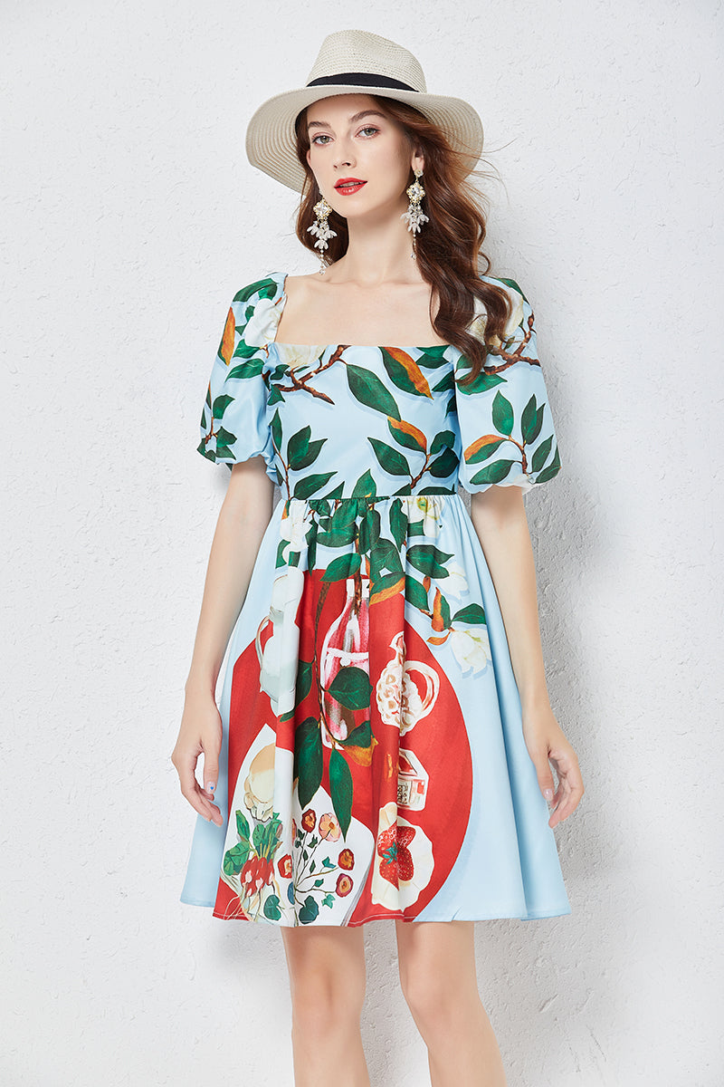 Square Neck Puff Sleeve Floral Dress in - by Malbusaat