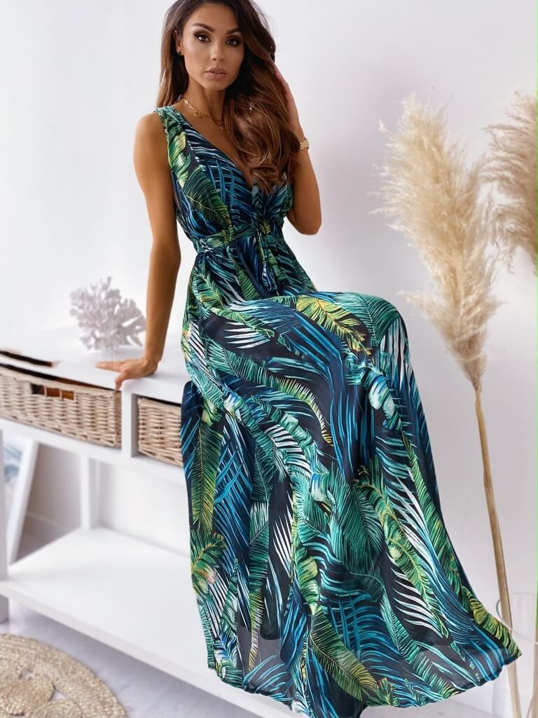 Tropical Print Sleeveless Maxi Dress in - by Malbusaat