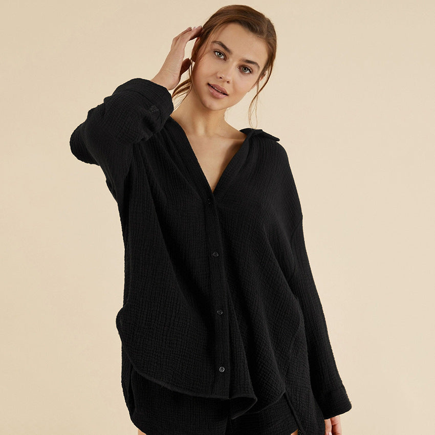 Two-Piece Set Lapel Cotton Pyjamas in Black - by Malbusaat