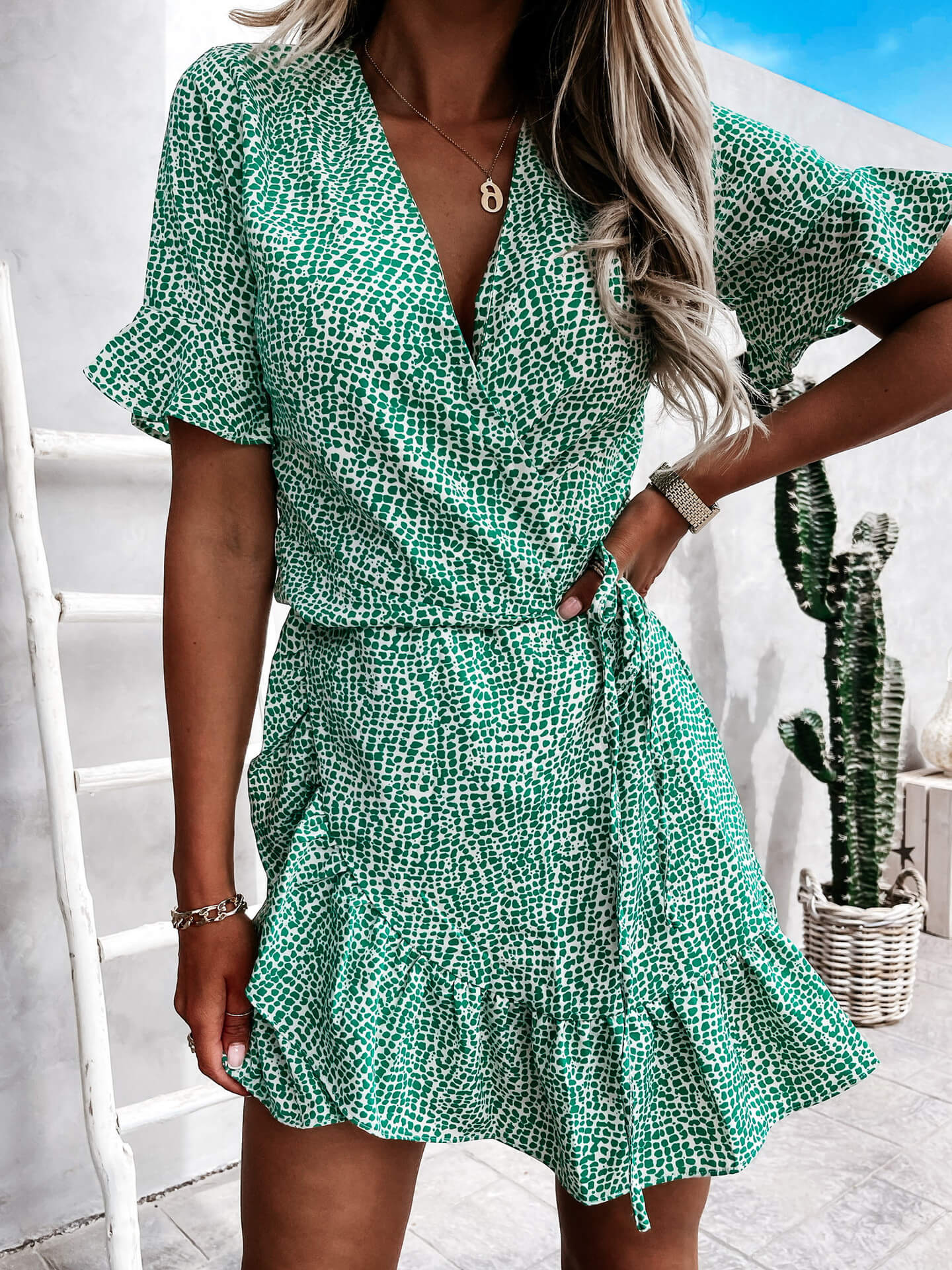 V-neck Tied High Waist Chiffon Floral Dress in - by Malbusaat