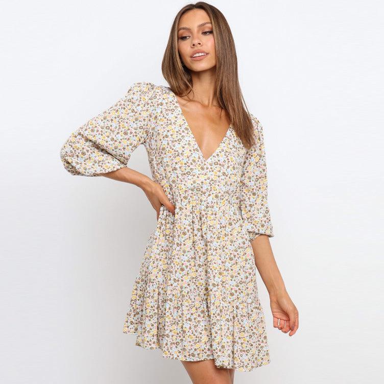 V Neck Lantern Sleeve Pleated Dress in - by Malbusaat