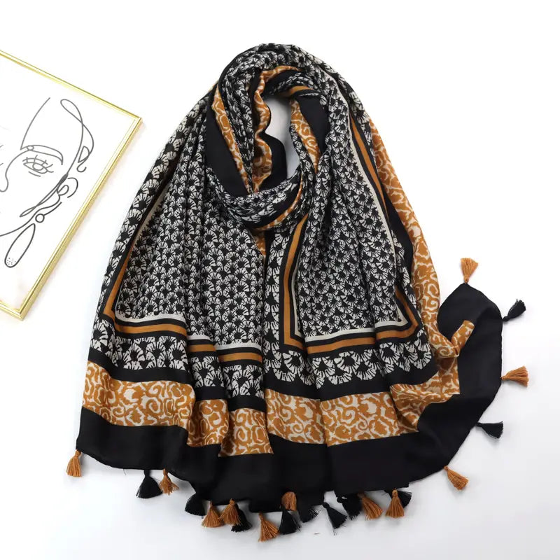 Double-sided Vintage Plaid Tassel Scarf, Black in - Scarves by Malbusaat