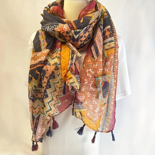 Red Plaid Vintage Scarf, Tassel Scarf in - Scarves by Malbusaat