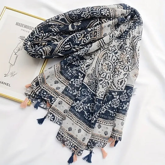 Vintage Floral Print Scarf, Boho Blue in - Scarves by Malbusaat