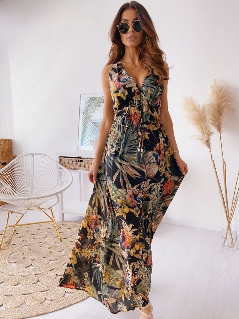 Tropical Print Sleeveless Maxi Dress in - by Malbusaat