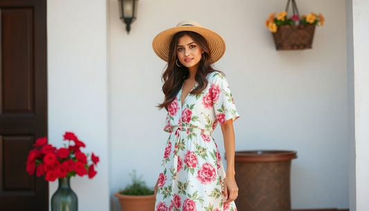 Pakistani model wearing a line floral print maxi dress in summer