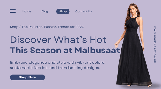 Elegant woman in black maxi dress showcasing what’s hot in Pakistani fashion for 2024 at Malbusaat