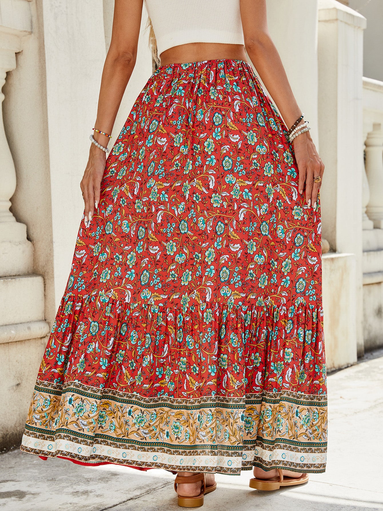 High-Waisted Floral Button Split Skirt