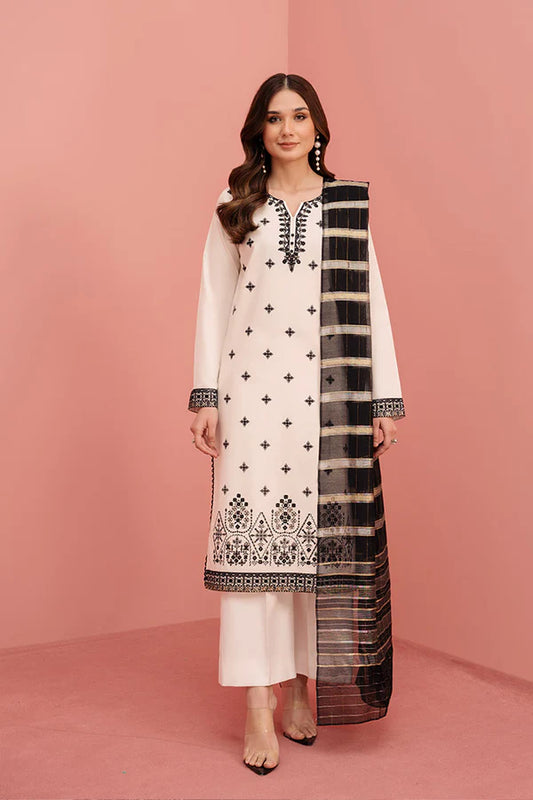 White Printed 3 Pc Lawn Suit (Stitched)