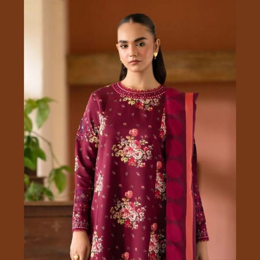 Burgundy Floral Digital Printed Khaddar 3 Piece Suit