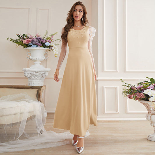 Apricot Embroidered Mesh Maxi Dress in Apricot - by Malbusaat