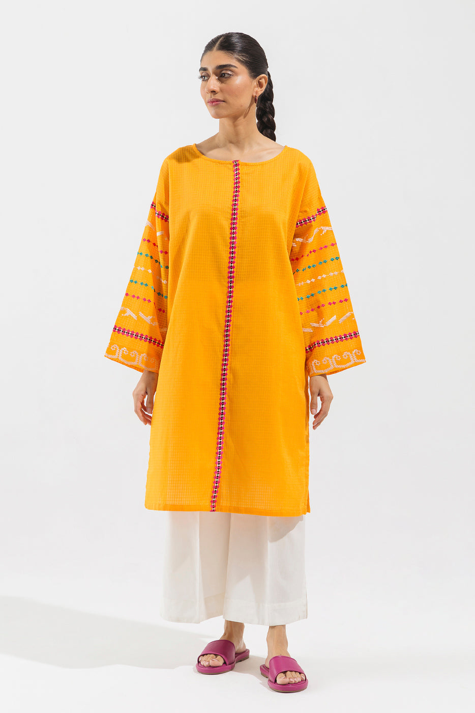 Yellow Loose Fit Embroidered Textured Shirt (Pret) | Kurta Pakistani | Kurta Pakistani | www.malbusaat.co.uk