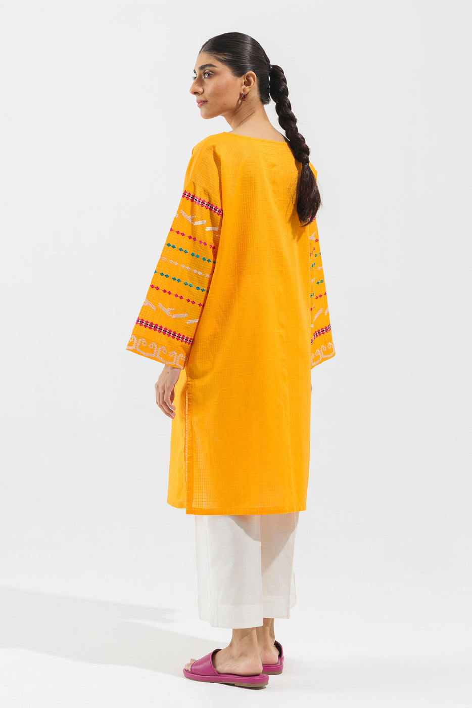 Yellow Loose Fit Embroidered Textured Shirt (Pret) | Kurta Pakistani | Kurta Pakistani | www.malbusaat.co.uk