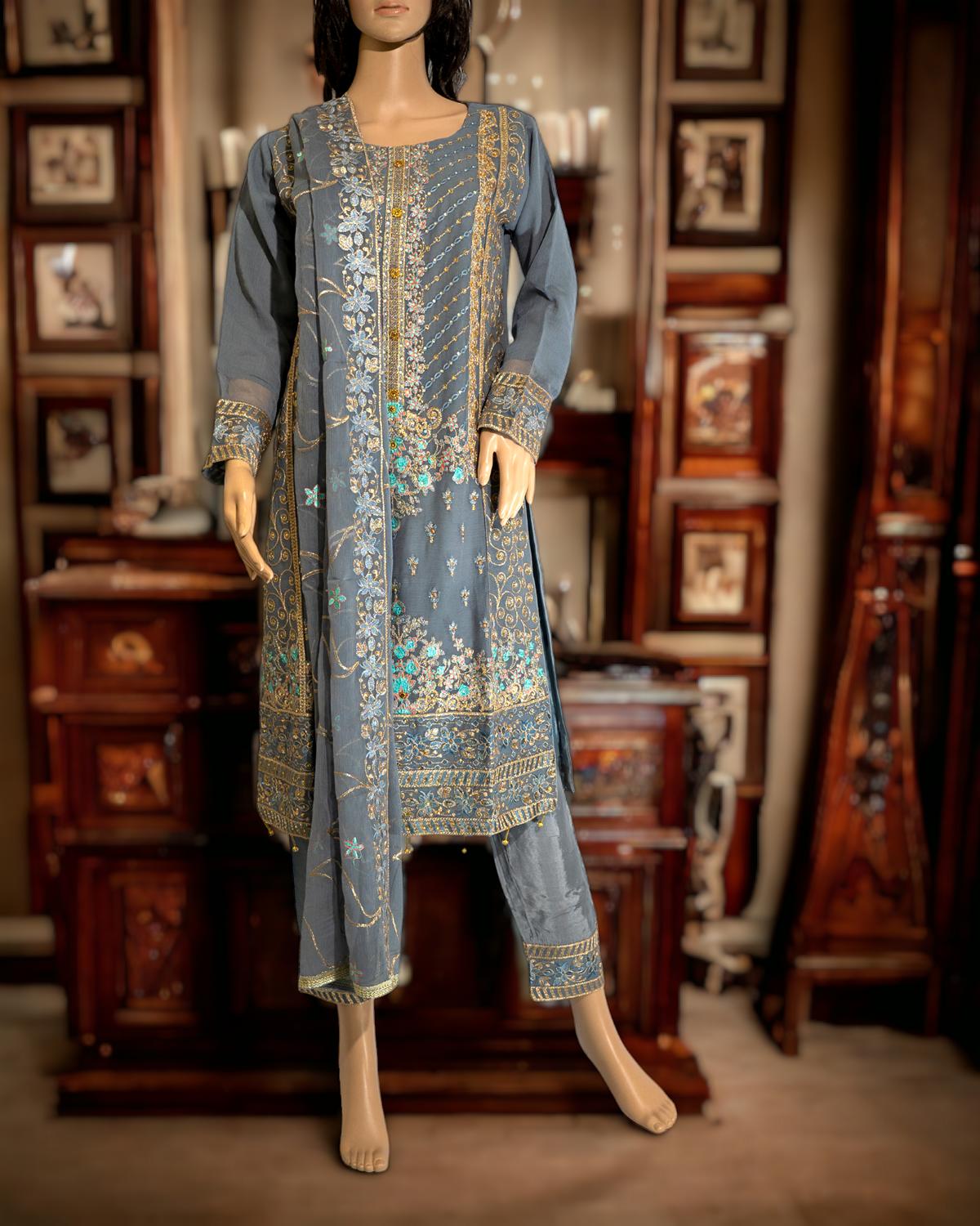 Shop Beautiful Grey 3-Piece Dress by Malbusaat, versatile Pakistani Dress at Malbusaat. Ready-made desi suits, Pakistani designer dresses online UK.