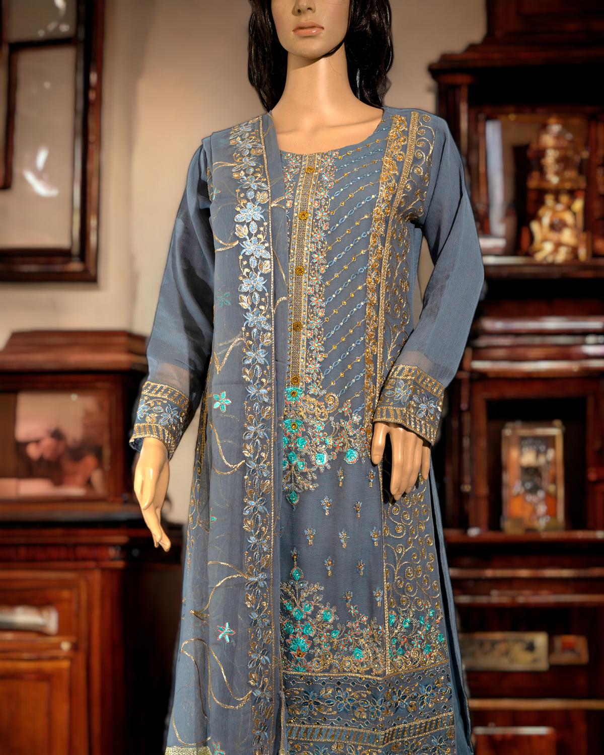 Shop Beautiful Grey 3-Piece Dress by Malbusaat, versatile Pakistani Dress at Malbusaat. Ready-made desi suits, Pakistani designer dresses online UK.