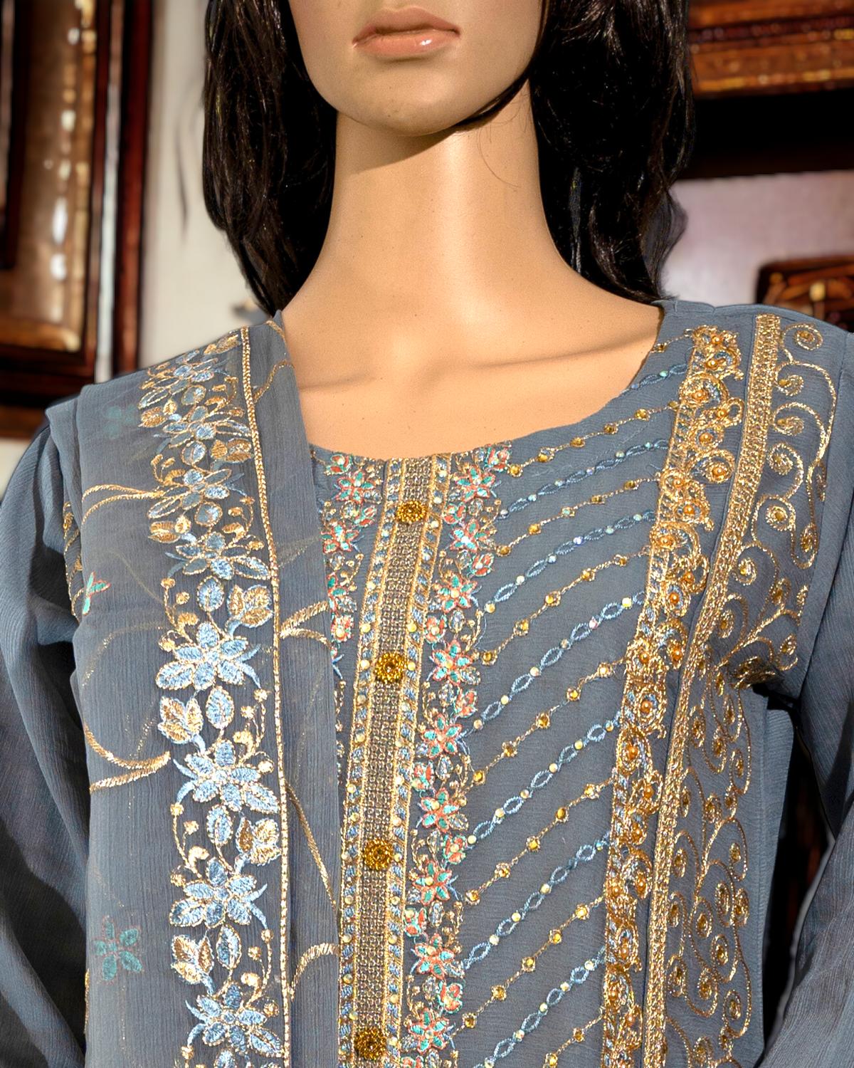 Shop Beautiful Grey 3-Piece Dress by Malbusaat, versatile Pakistani Dress at Malbusaat. Ready-made desi suits, Pakistani designer dresses online UK.