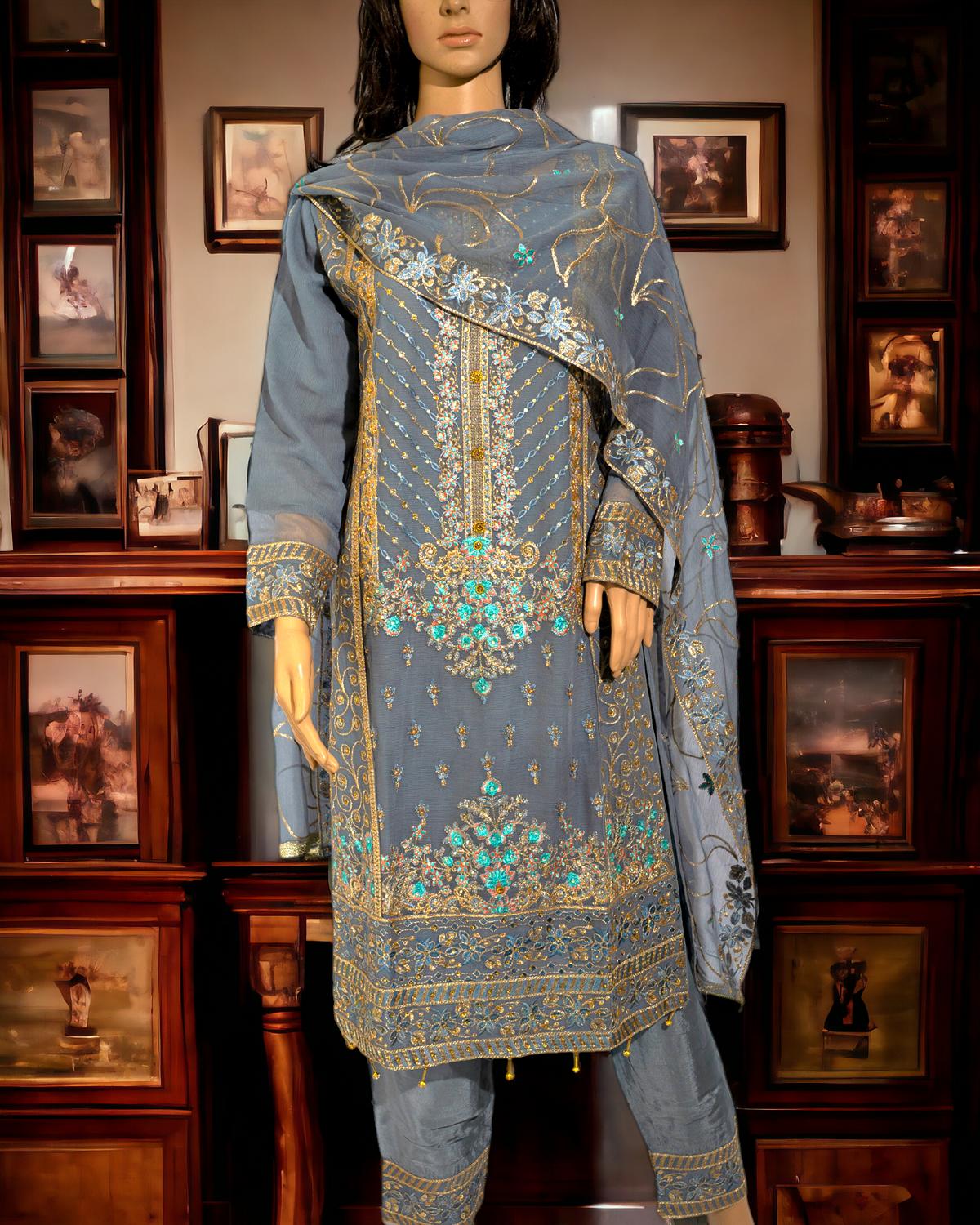 Shop Beautiful Grey 3-Piece Dress by Malbusaat, versatile Pakistani Dress at Malbusaat. Ready-made desi suits, Pakistani designer dresses online UK.