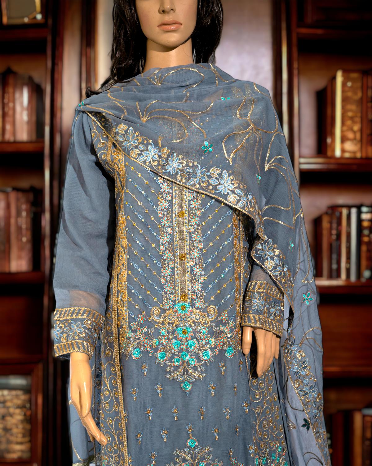 Shop Beautiful Grey 3-Piece Dress by Malbusaat, versatile Pakistani Dress at Malbusaat. Ready-made desi suits, Pakistani designer dresses online UK.