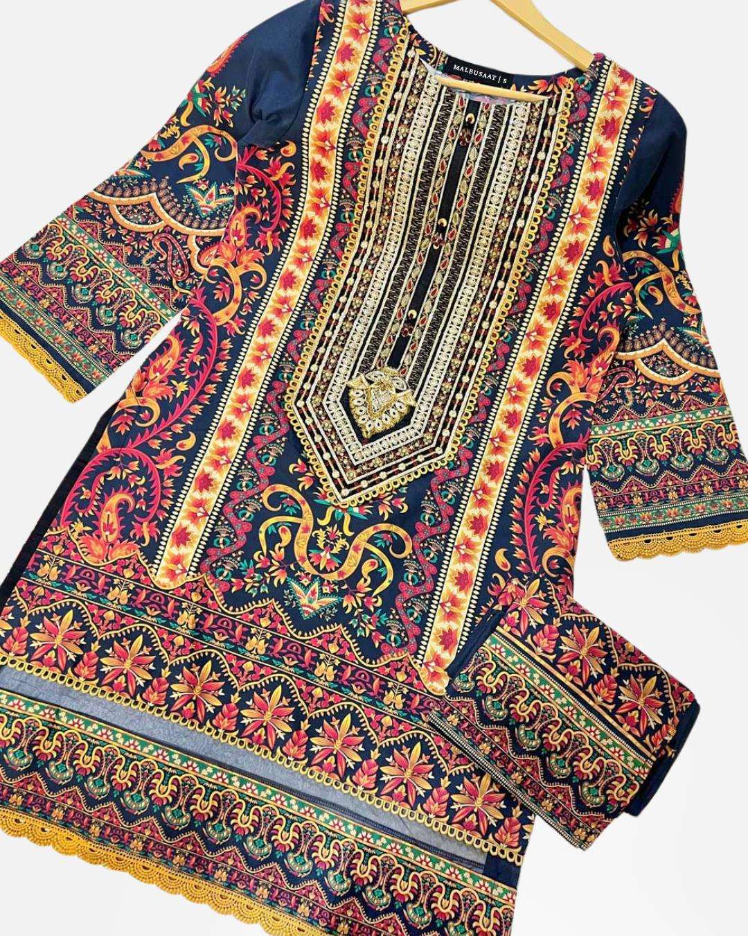 Shop Beautiful Printed Cotton 2 Piece Suit by Malbusaat, versatile  at Malbusaat. Ready-made desi suits, Pakistani designer dresses online UK.