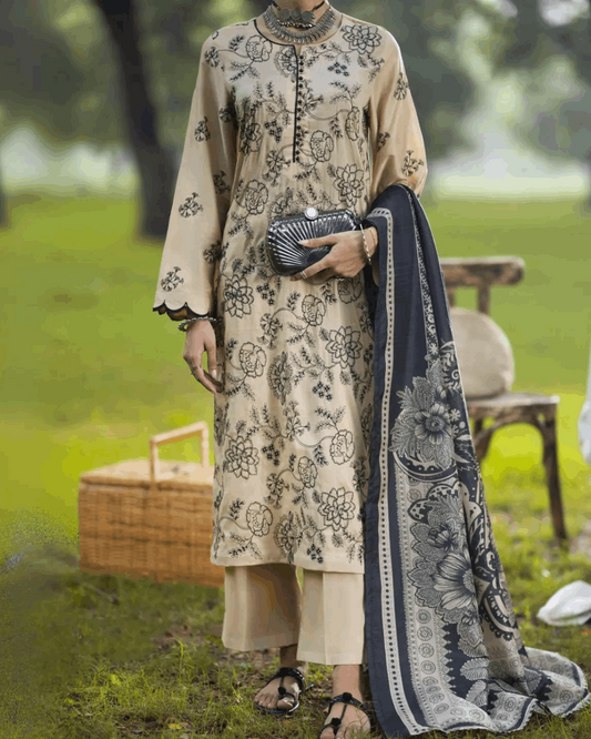 Shop Beige Linen 3-Piece Dress by Malbusaat, versatile Pakistani Dresses at Malbusaat. Ready-made desi suits, Pakistani designer dresses online UK.