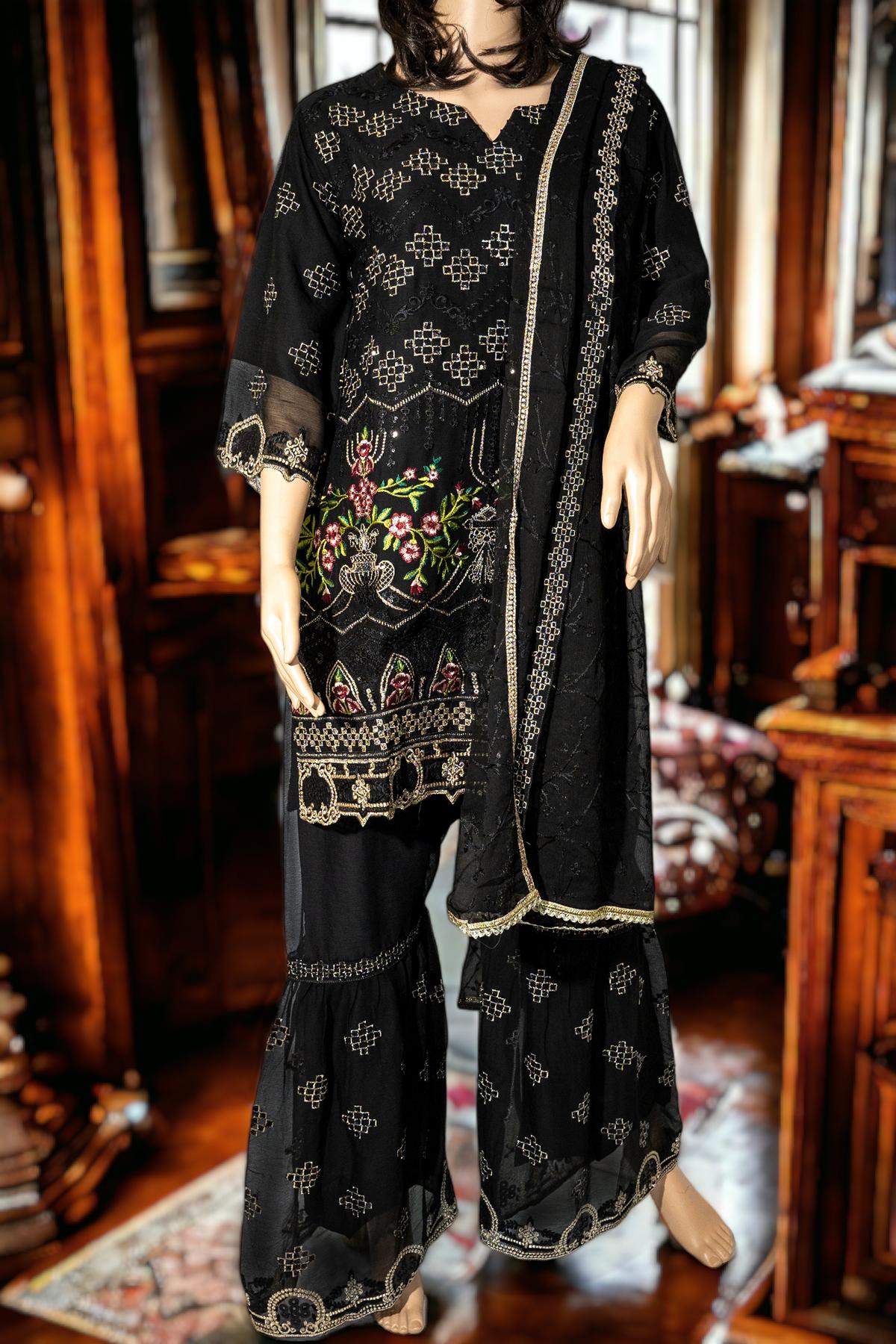 Shop Black 3-Piece Semi-Formal Sharara Dress by Malbusaat, versatile Pakistani Dress at Malbusaat. Ready-made desi suits, Pakistani designer dresses online UK.