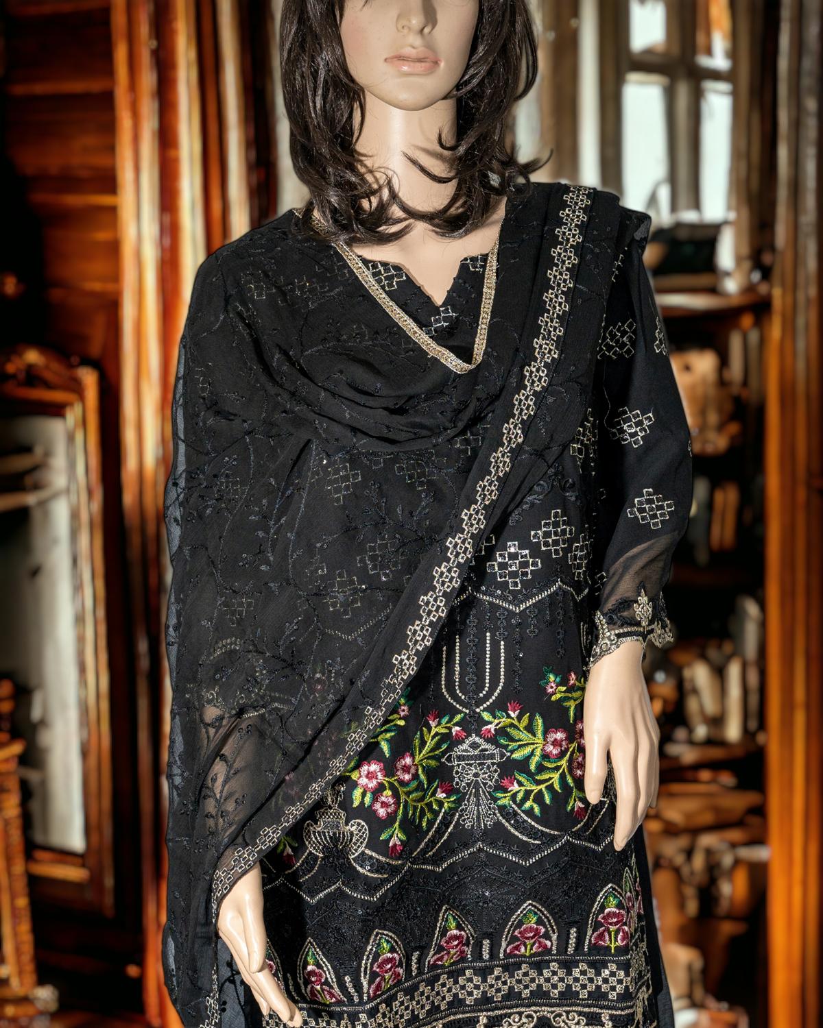 Shop Black 3-Piece Semi-Formal Sharara Dress by Malbusaat, versatile Pakistani Dress at Malbusaat. Ready-made desi suits, Pakistani designer dresses online UK.