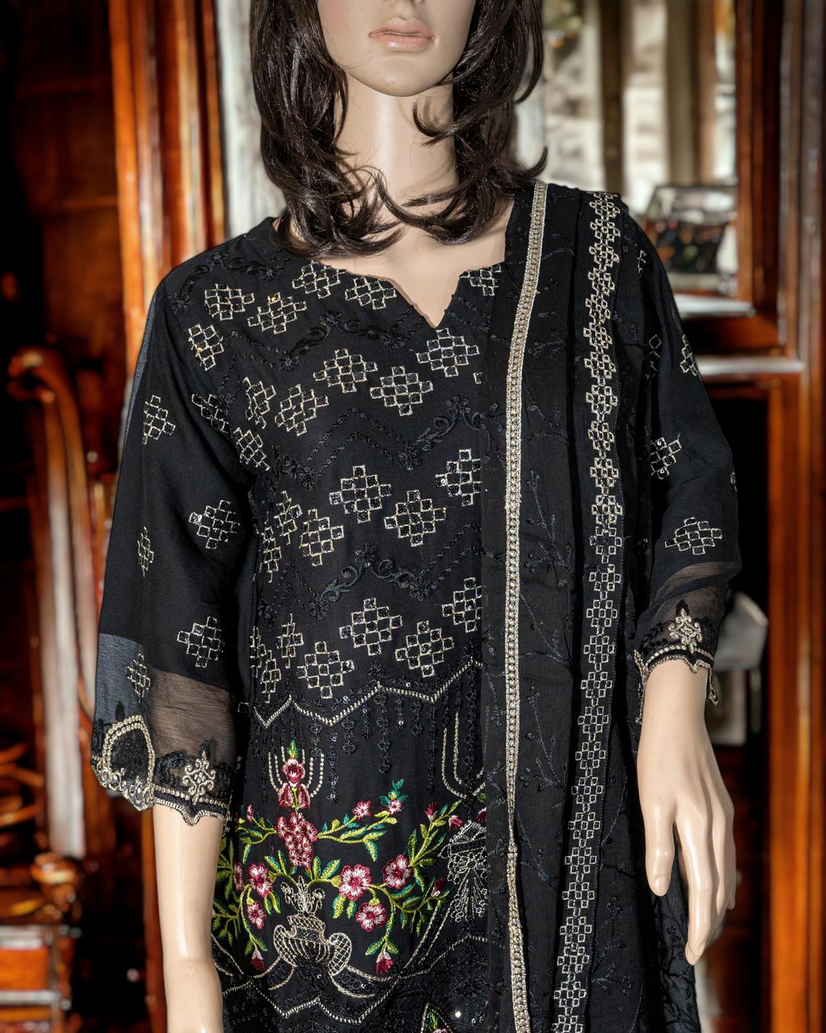 Shop Black 3-Piece Semi-Formal Sharara Dress by Malbusaat, versatile Pakistani Dress at Malbusaat. Ready-made desi suits, Pakistani designer dresses online UK.