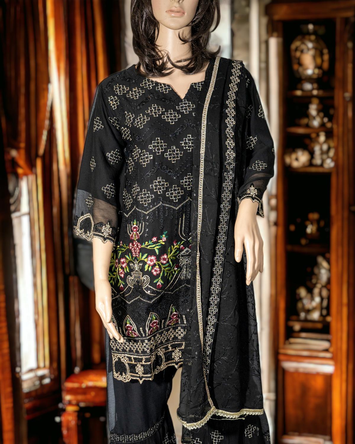 Shop Black 3-Piece Semi-Formal Sharara Dress by Malbusaat, versatile Pakistani Dress at Malbusaat. Ready-made desi suits, Pakistani designer dresses online UK.