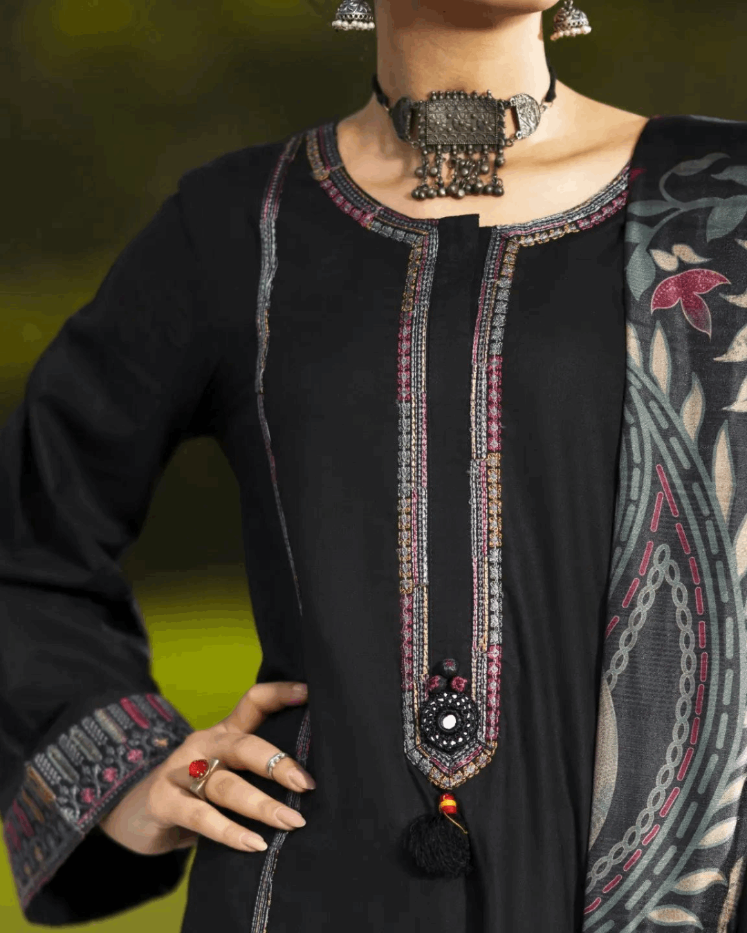 Shop Black Linen 3PC Suit Floral Dupatta by Malbusaat, versatile Pakistani Dresses at Malbusaat. Ready-made desi suits, Pakistani designer dresses online UK.