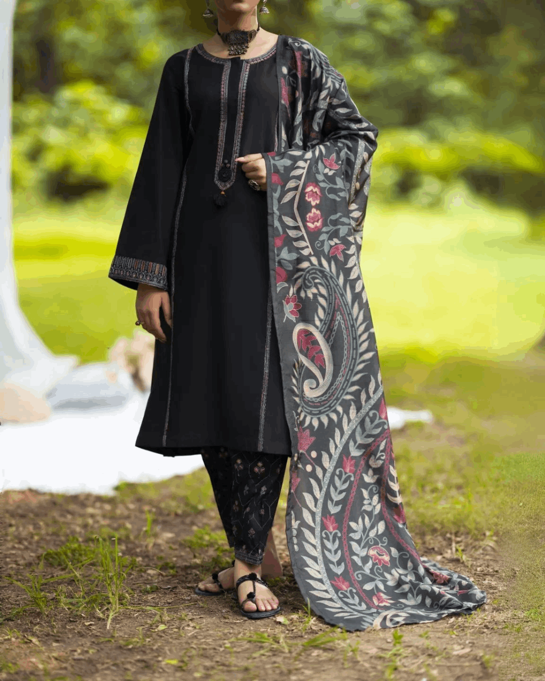 Shop Black Linen 3PC Suit Floral Dupatta by Malbusaat, versatile Pakistani Dresses at Malbusaat. Ready-made desi suits, Pakistani designer dresses online UK.