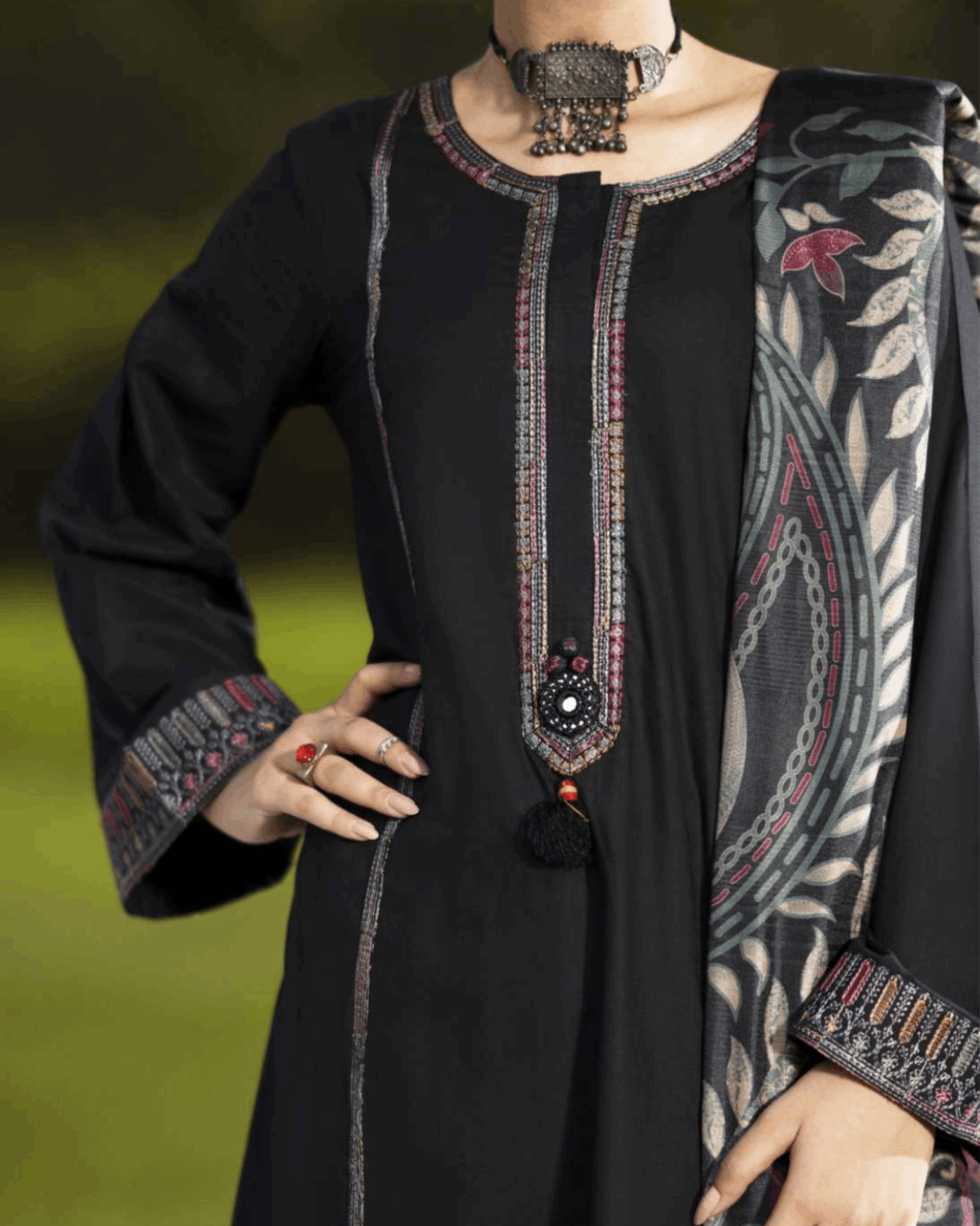 Shop Black Linen 3PC Suit Floral Dupatta by Malbusaat, versatile Pakistani Dresses at Malbusaat. Ready-made desi suits, Pakistani designer dresses online UK.