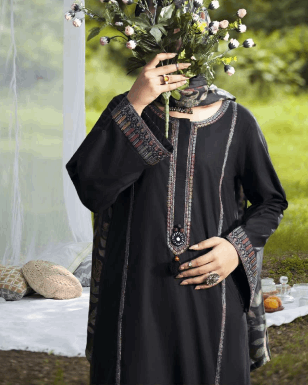 Shop Black Linen 3PC Suit Floral Dupatta by Malbusaat, versatile Pakistani Dresses at Malbusaat. Ready-made desi suits, Pakistani designer dresses online UK.